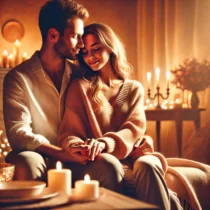 Couple enjoying a romantic moment in a cozy setting, with candles and soft lighting, symbolizing closeness and rekindled romance in a long-term relationship.